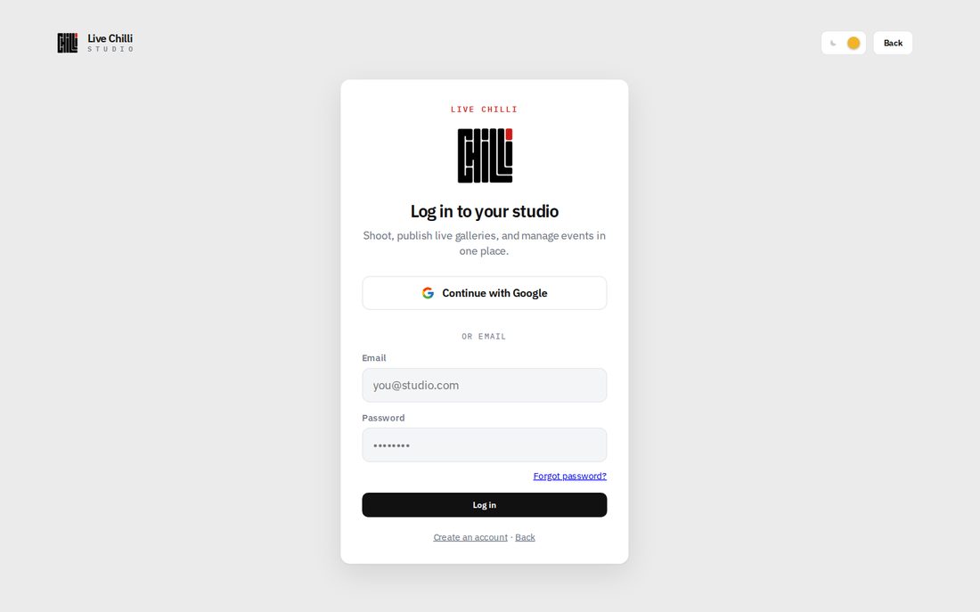 Live Chilli log in screen