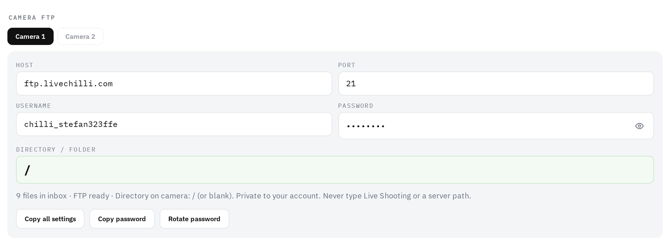 Workspace Camera FTP settings